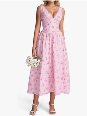 Pink Floral V-Neck Maxi Corset Sleeveless Dress